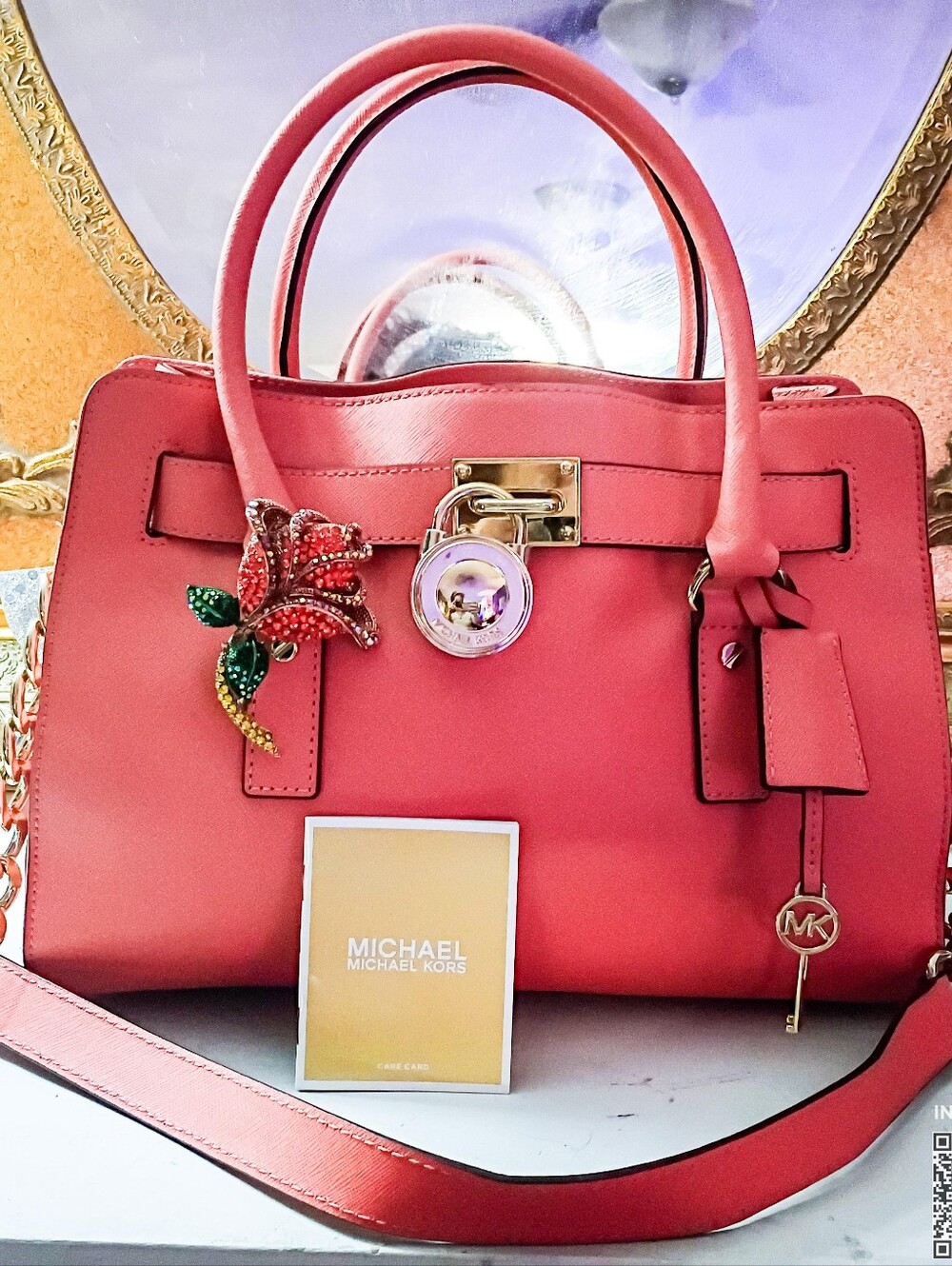 Michael Kors Hamilton Saffiano Fine Leather Coral Satchel Crossbody NWT Pristine